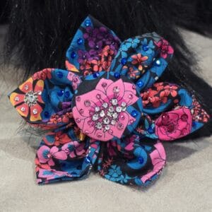 Blue and Pink Flower Dog Bow with Crystals